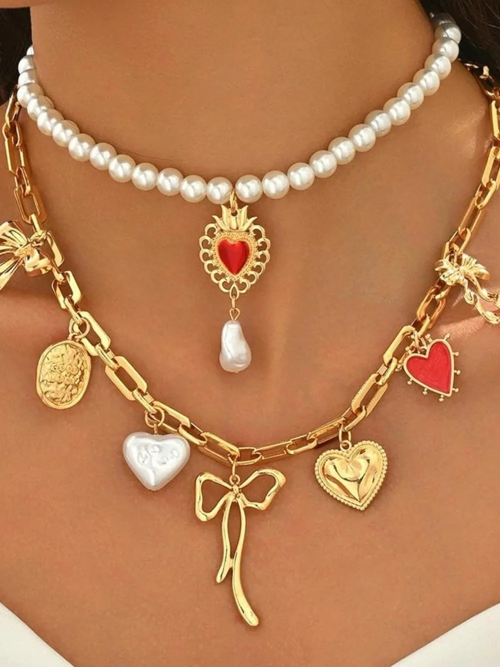 Anthropologie Gold-Tone Layered Necklace with Red Hearts and White Pearls